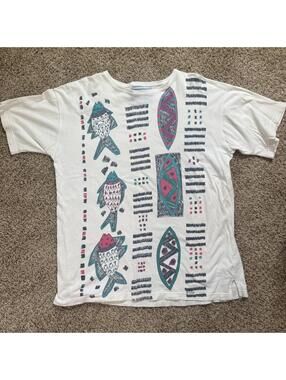 Segrets Vintage Oversized Graphic Fish Pattern T-Shirt-L/XL